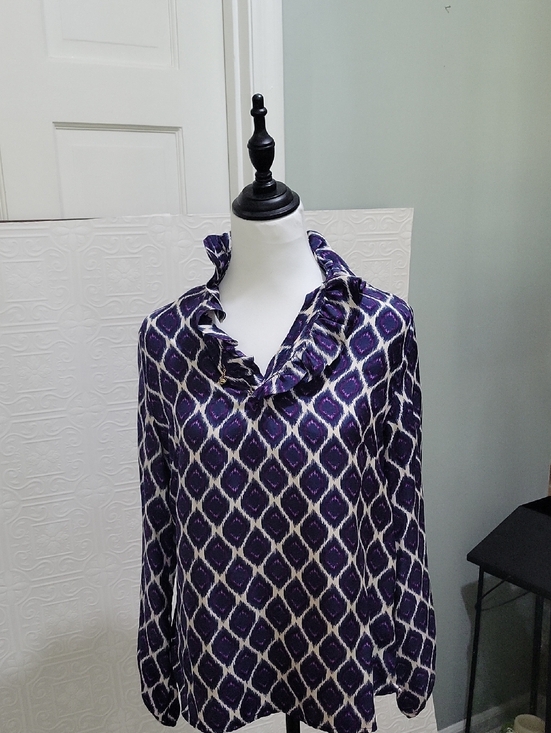 Elizabeth McKay Tops - Elizabeth McKay Navy & Purple lkat Ruffle Collar Silk Blouse Sz 8, Quiet Luxury